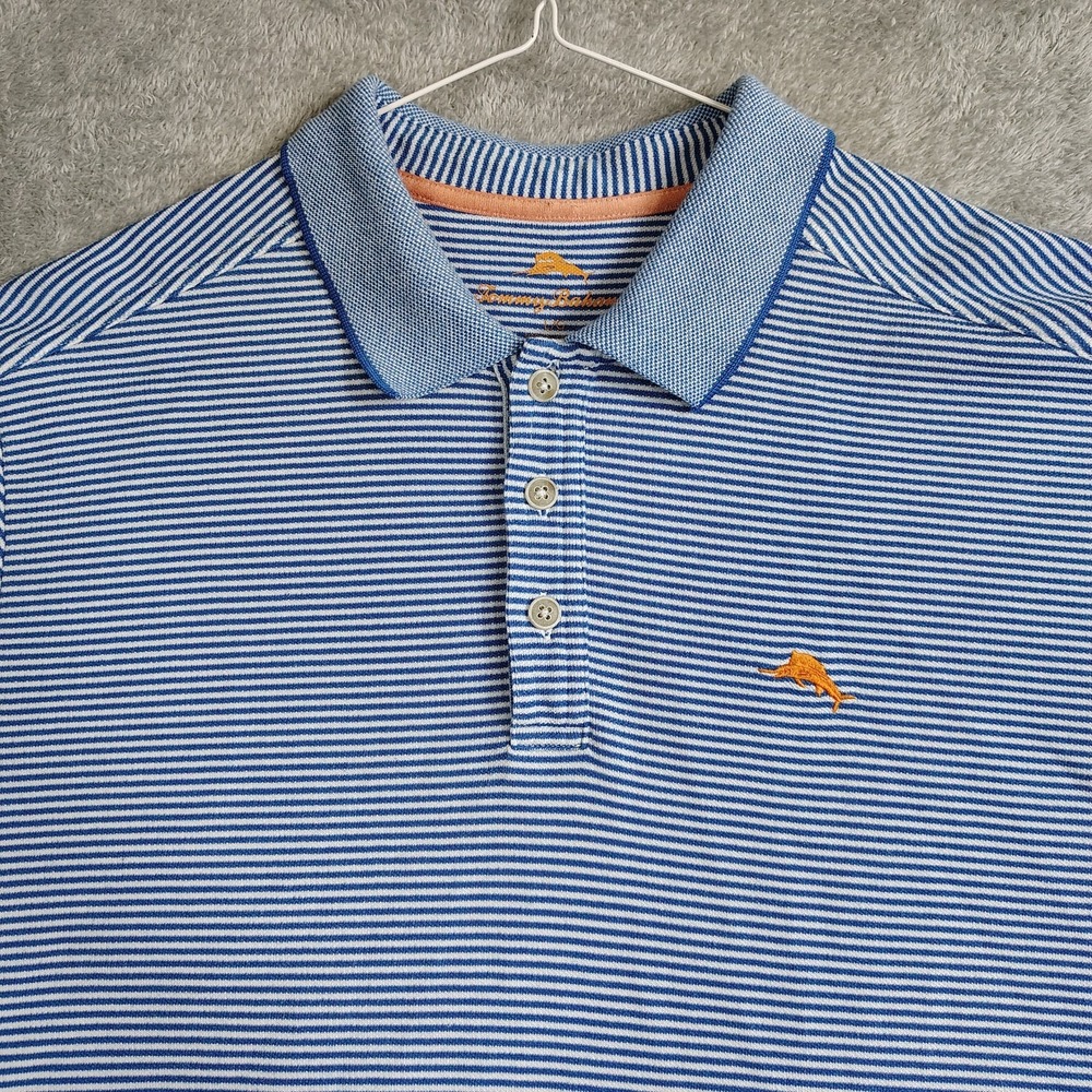 Tommy Bahama Polo‎ Shirt Mens L Blue White Striped Short Sleeve Embroidered Pima